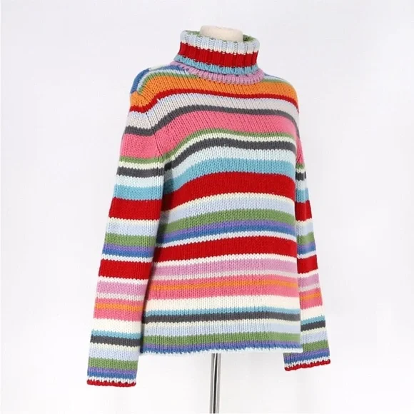 Vintage Y2K rainbow stripe Gap holiday wool turtleneck sweater XL - Picture 2 of 8